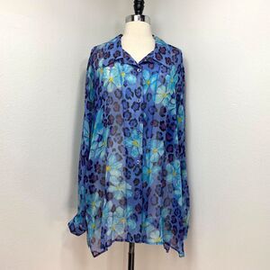 Crossing Pointe Silk Sheer Blue Floral Blouse 2XL Long Sleeve Button Front Flowy